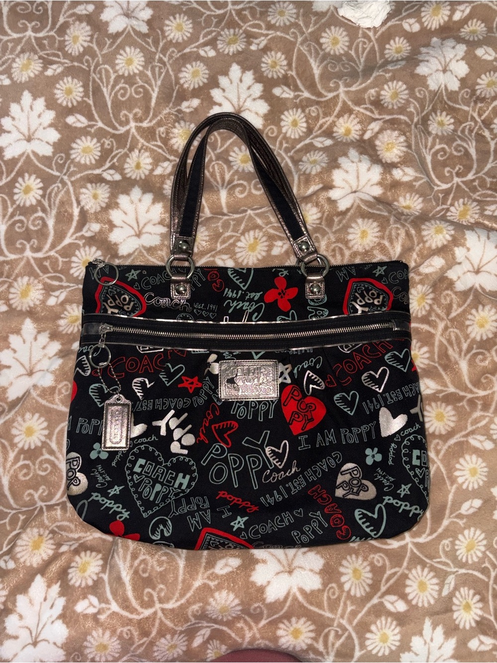 Coach poppy Black Graffiti Print Tote with Red & White Accents